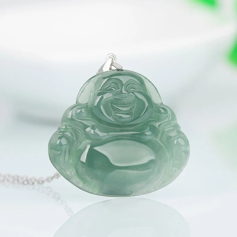Buddha Stones Laughing Buddha Jade Protection Calm Titanium Steel Chain Necklace Pendant