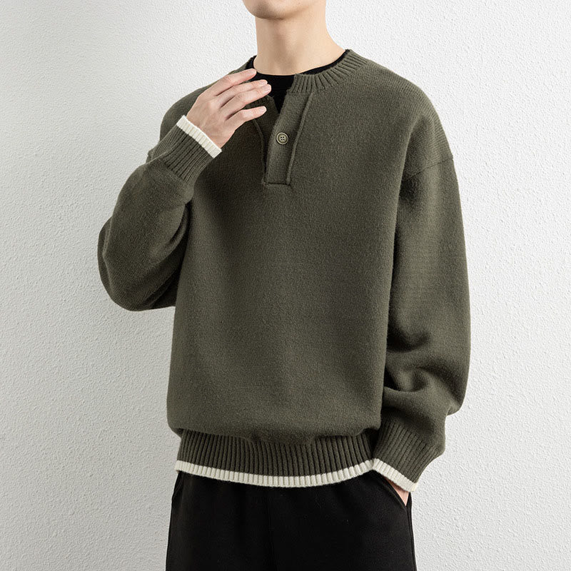Buddha Stones Winter V-Neck One Button Design Warm Men's Long Sleeve Knitted Sweater