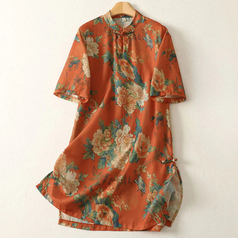Buddha Stones Stand Collar Frog-Button Floral Print Pattern Short Sleeve Mini Dress