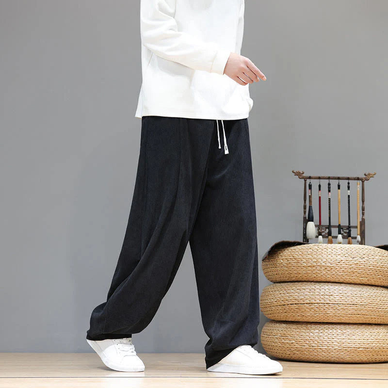 Buddha Stones Plain Color Pure Cotton Corduroy Men's Harem Pants With Pockets