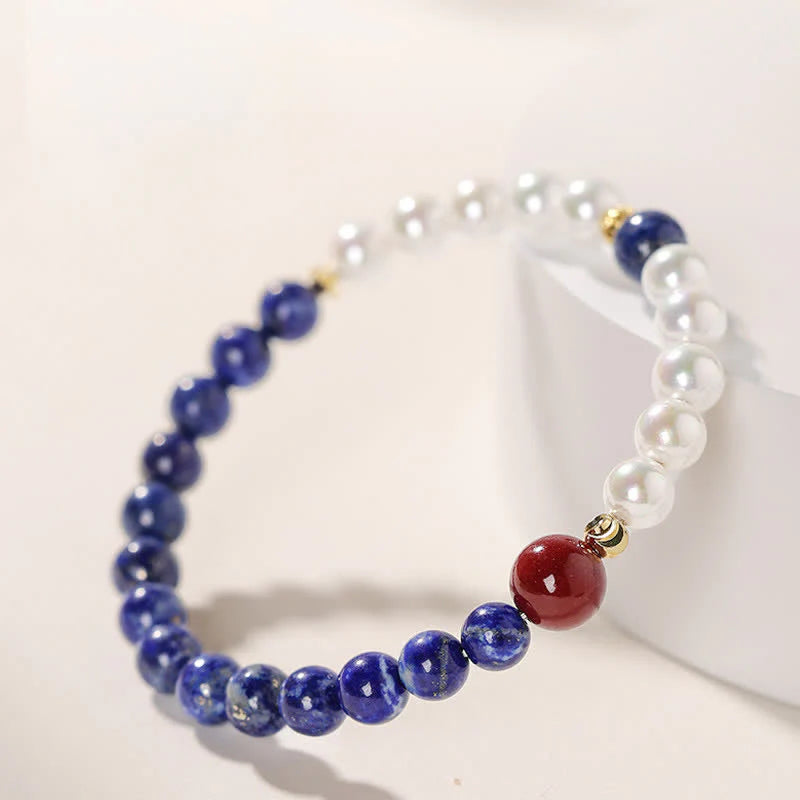 Buddha Stones Lapis Lazuli Lazurite Pearl Cinnabar Positive Beaded Bracelet