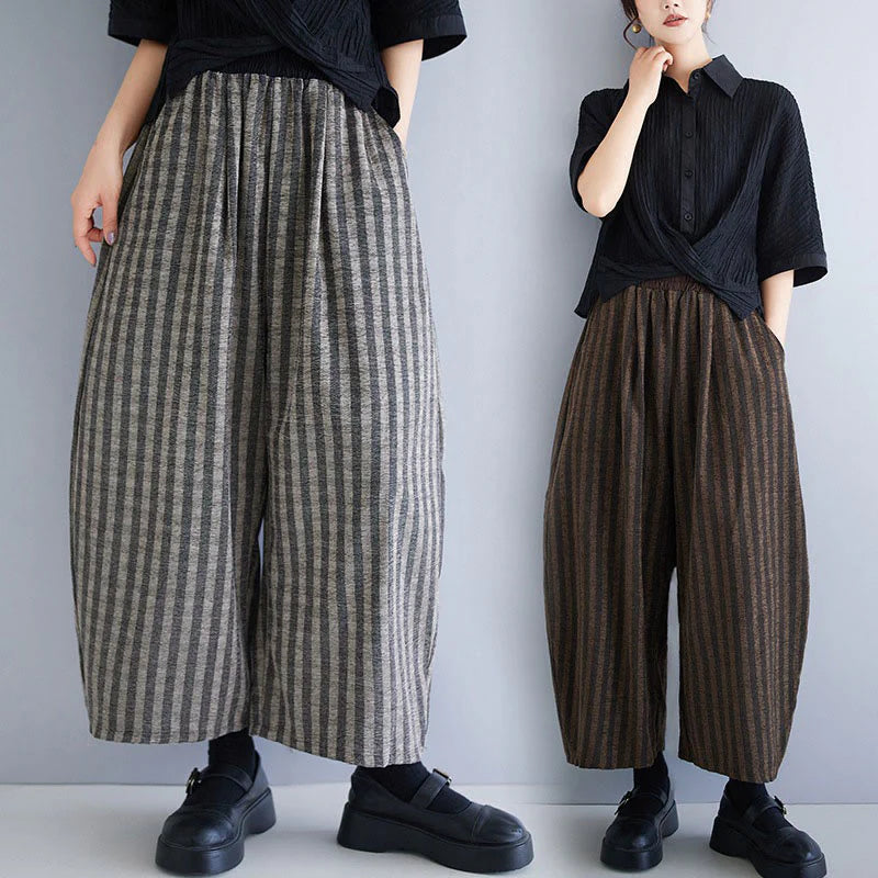 Buddha Stones Casual 7-8 Length Corduroy Stripes Women's Polyester Wide Leg Pants With Pockets