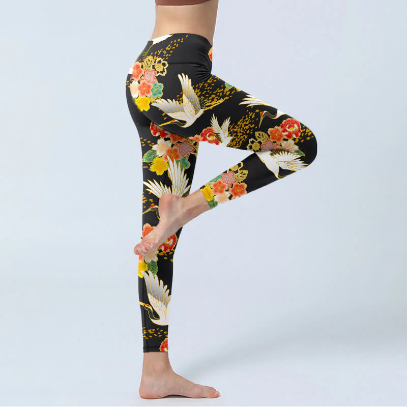 Buddha Stones Red-Crowned Cranes Colorful Floral Pattern Print Gym Leggings Women's Yoga Pants