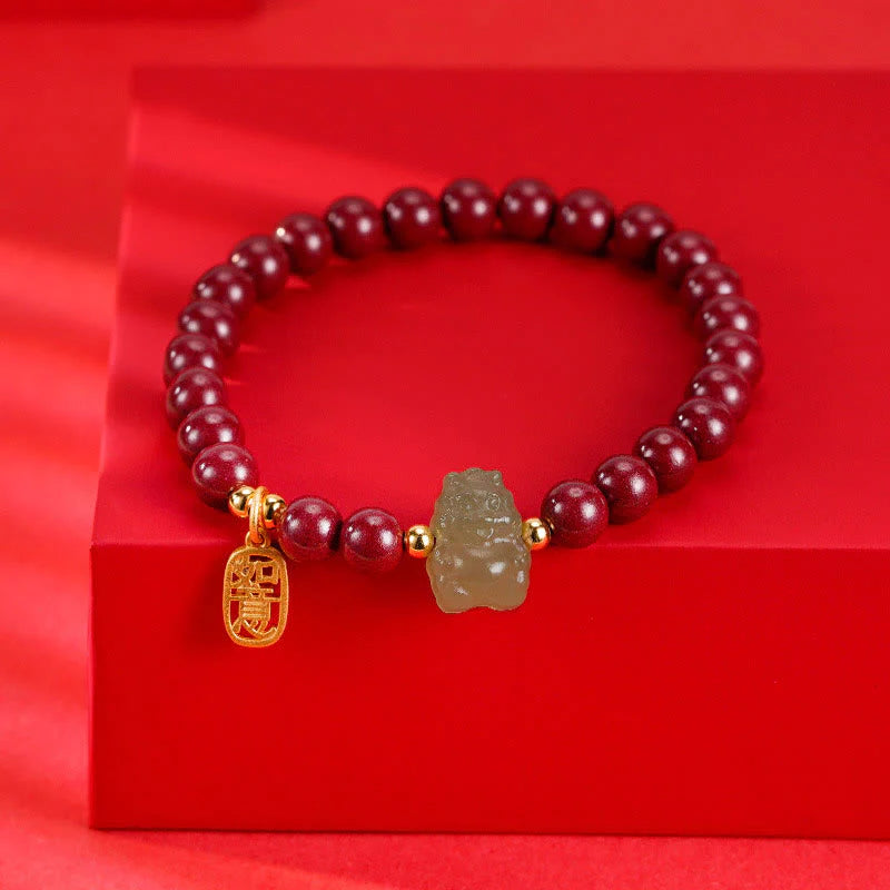 Buddha Stones 925 Sterling Silver Year of the Dragon Natural Cinnabar Hetian Jade Dragon Fu Character Ruyi As One Wishes Charm Blessing Bracelet (Extra 30% Off | USE CODE: FS30)