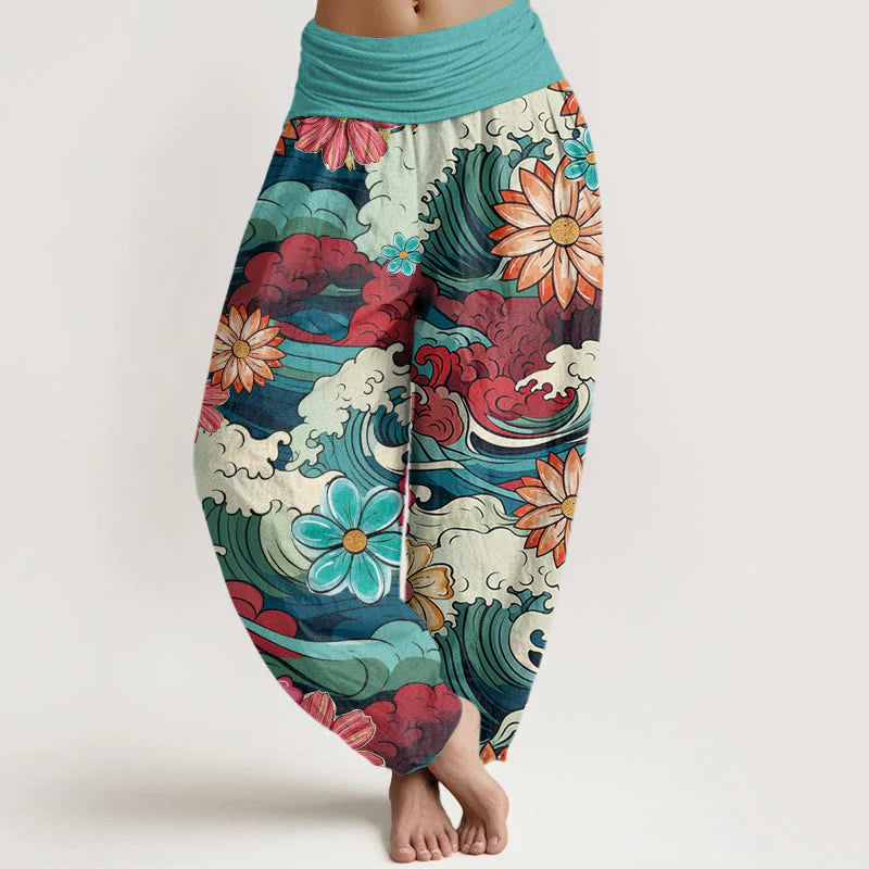 Buddha Stones Cotton Colorful Ocean Wave Various Flower Pattern Women's Elastic Waist Harem Pants