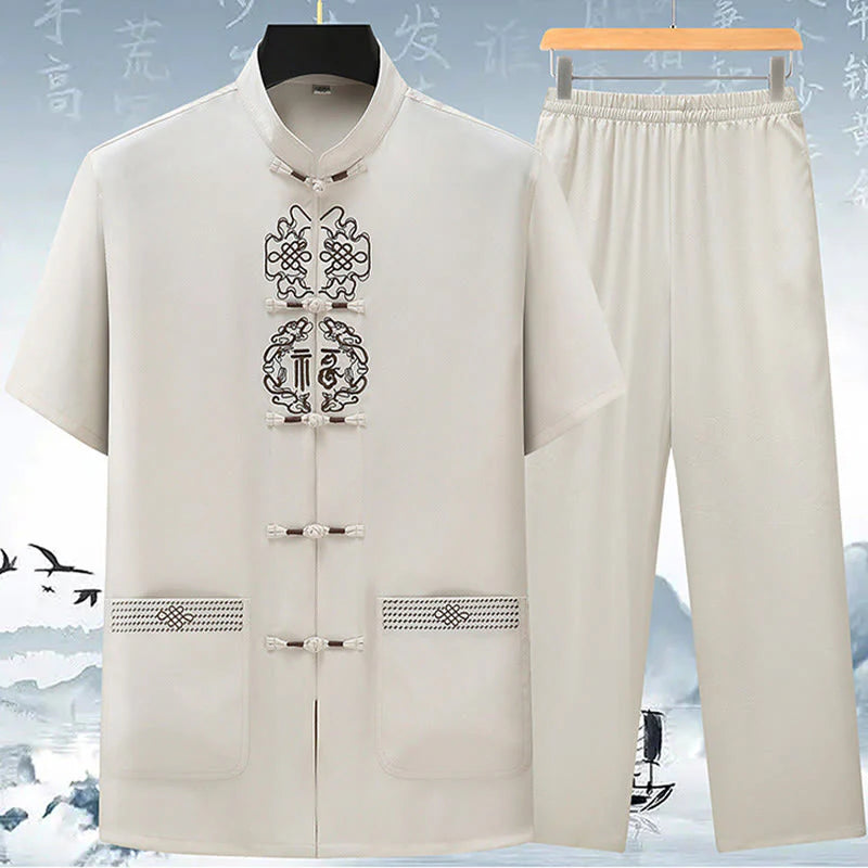 Buddha Stones Fu Character Chinese Knotting Embroidery Tang Suit Traditional Short Sleeve Top Pants Clothing Men's Set