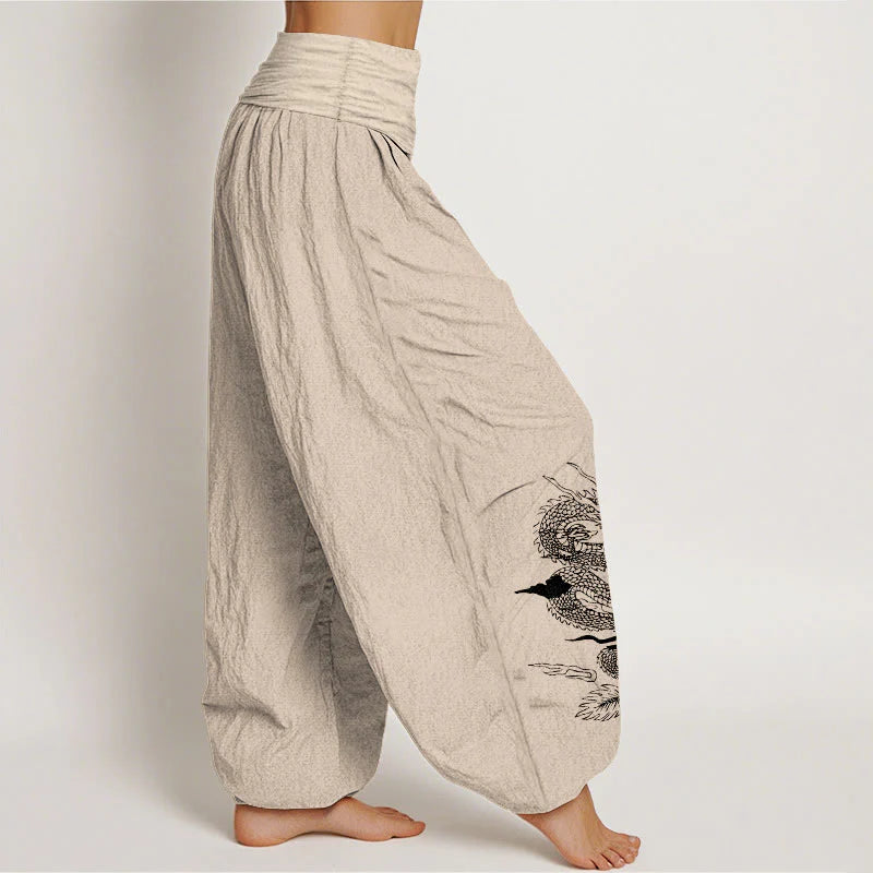 Buddha Stones Pure Cotton Dragon Sun Moon Pattern Women's Elastic Waist Harem Pants