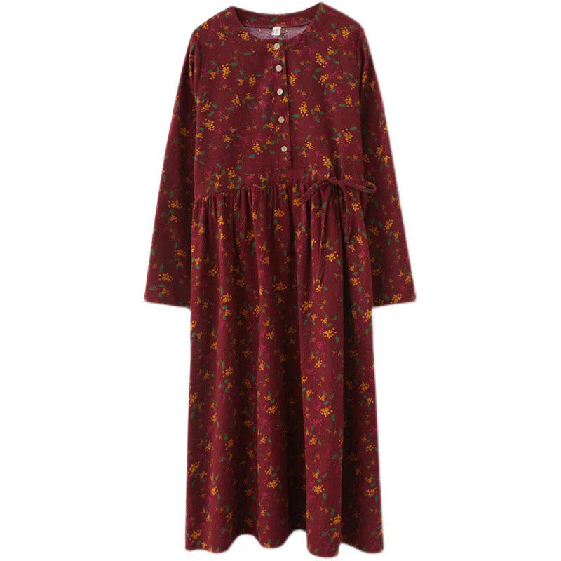 Buddha Stones Ethnic Printing Floral Long Sleeve Buttons Design Cotton Linen Midi Dress With Pockets