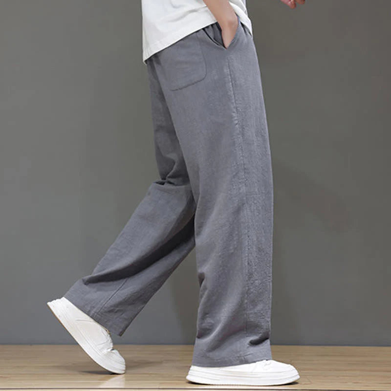 Buddha Stones Summer Men's Cotton Linen Straight Leg Pants With Pockets
