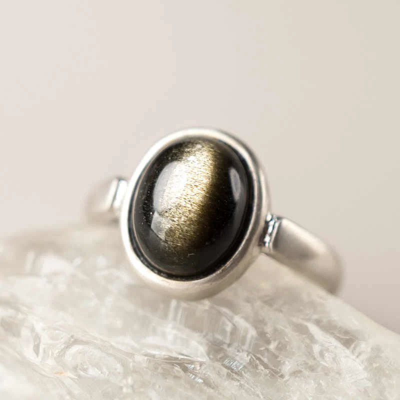Buddha Stones Natural 925 Sterling Silver Gold Sheen Obsidian Adjustable Wealth Ring