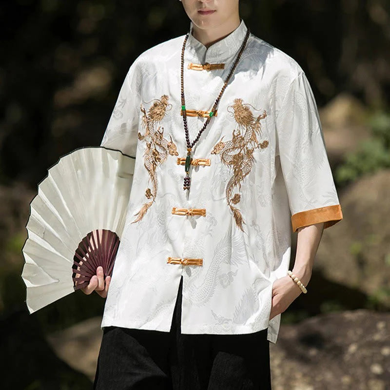Buddha Stones Embroidered Dragon Pattern Colorblock Design Tang Suit Men's Frog-Button Half Sleeve Shirt