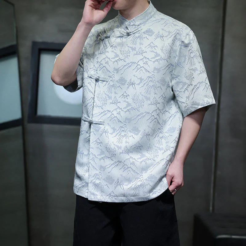 Buddha Stones Summer Mountain Pattern Jacquard Chinese Frog-Button Cotton Short Sleeve Men's Shirt