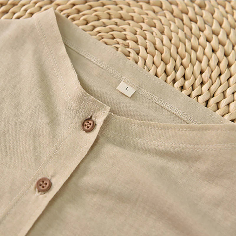 Buddha Stones Vintage Buttons Design Stand Collar Cotton Short Sleeve Women's Shirt