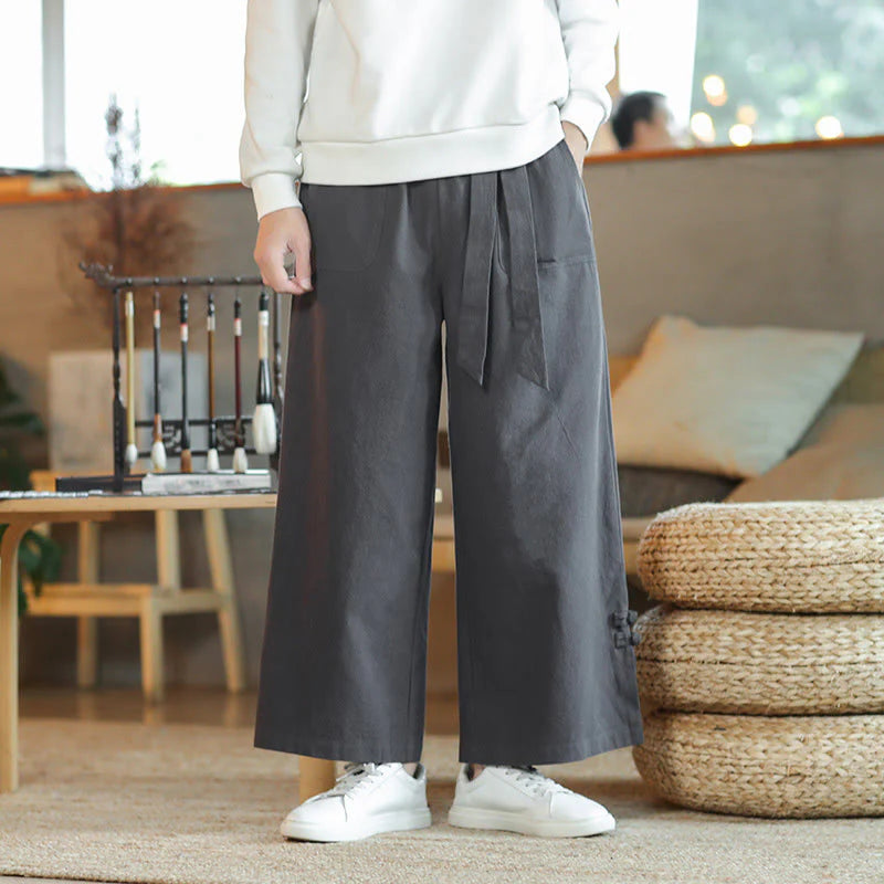 Buddha Stones Fall Drawstring Chinese Frog-Button Men's Wide Leg Cotton Pants With Pockets