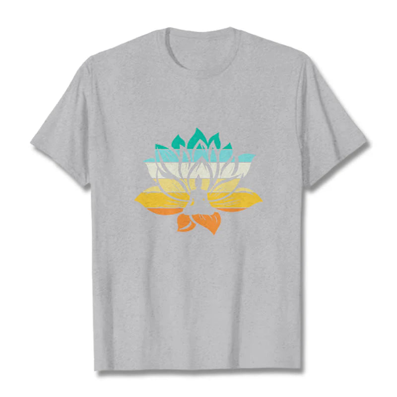 Buddha Stones Gradient-colored Lotus Flower Buddha Meditation Cotton Tee T-shirt