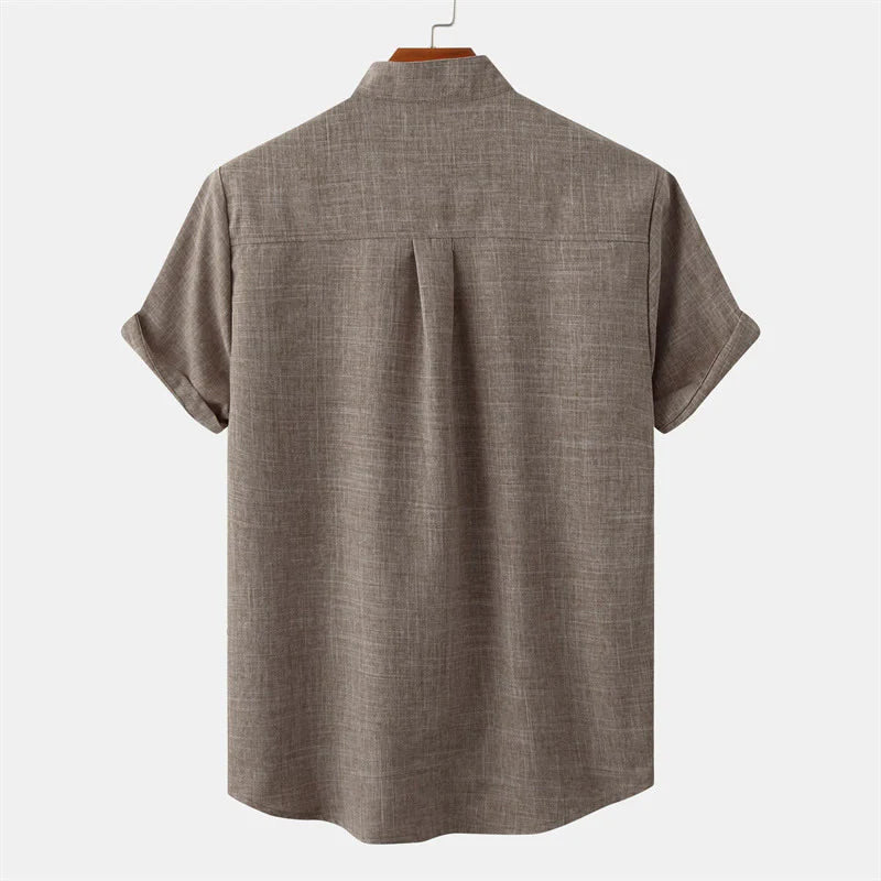 Buddha Stones Summer Men's Button Plain Short Sleeve Cotton Shirt With Pocket
