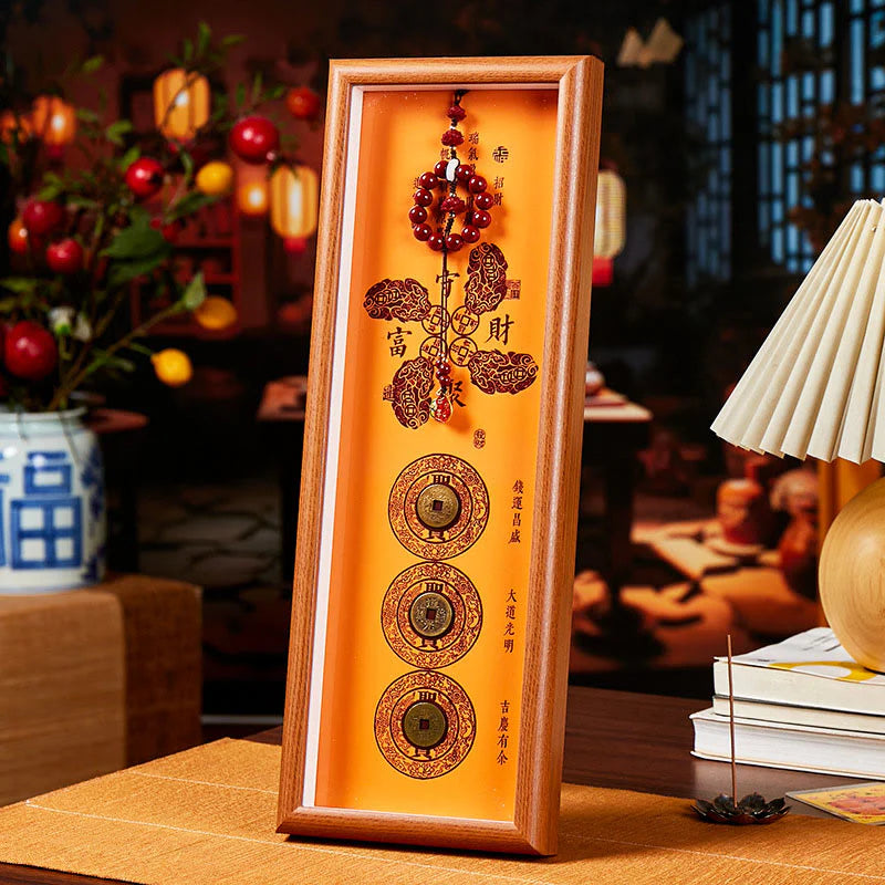 Buddha Stones Copper Coins Cinnabar Attract Fortune Blessing Photo Frame Ornament Home Decor