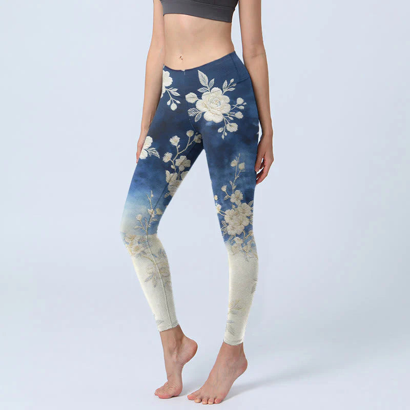 Buddha Stones Elegant Refined Flower Pattern Print Gym Leggings Women's Yoga Pants
