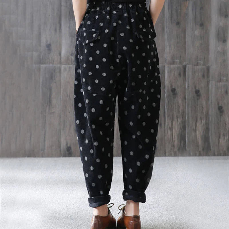 Buddha Stones Women's Fall Commute Printing Dot Pattern Corduroy Harem Pants With Pockets