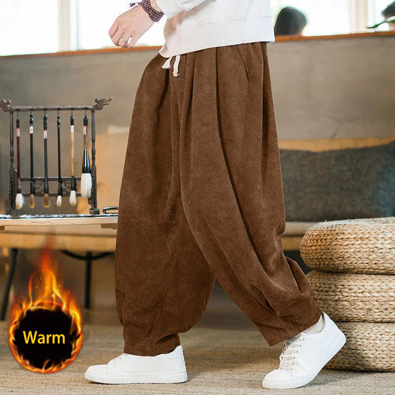 Buddha Stones Retro Men's Plain Fleece-Lined Corduroy Simple Design Harem Pants With Pockets