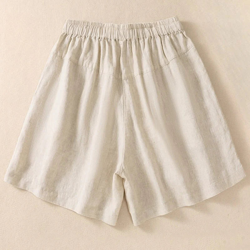 Buddha Stones Casual Floral Embroidery Pattern Drawstring Cotton Linen Women's Shorts With Pockets