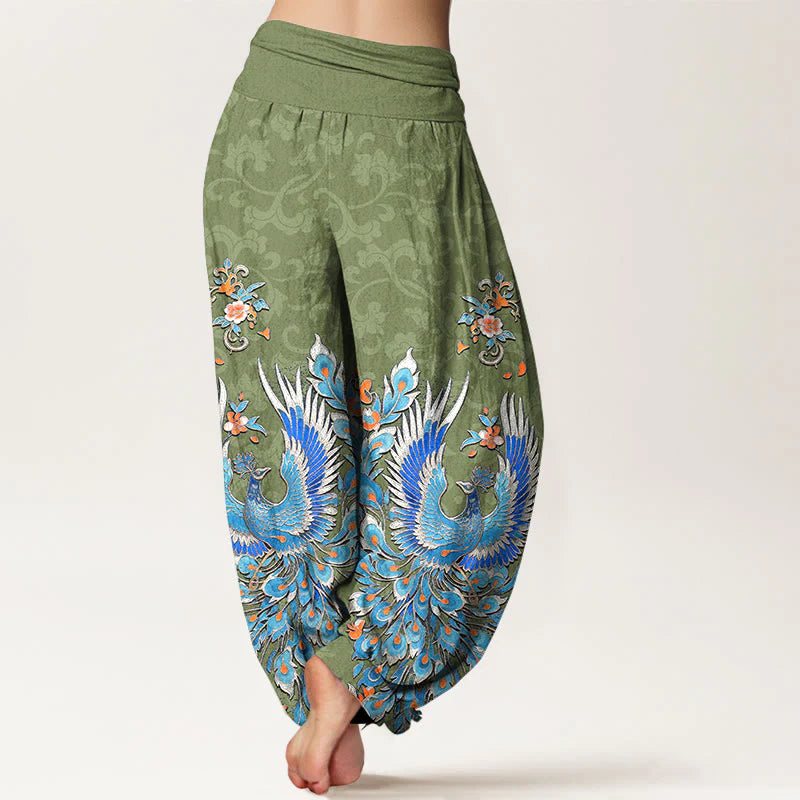 Buddha Stones Cotton Phoenix Peach Blossom Pattern Women's Elastic Waist Harem Pants