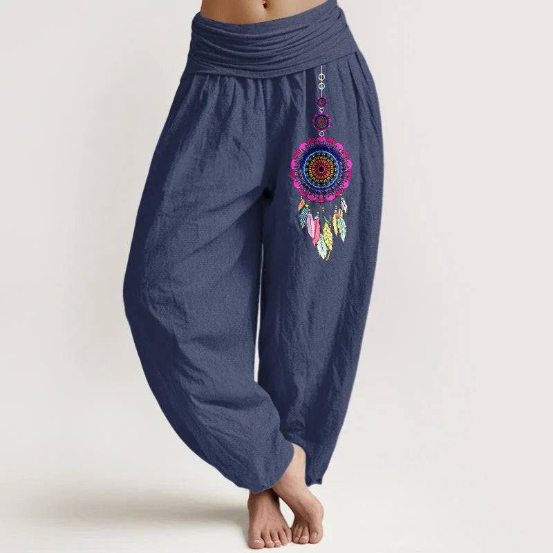 Buddha Stones Colorful Dreamcatchers Pattern Pure Cotton Women's Elastic Waist Harem Pants