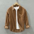 Buddha Stones Fall Decorative Pocket Buttons Down Stand Collar Long Sleeve Men's Cotton Corduroy Shirt