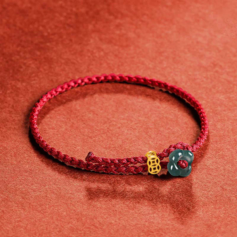 Buddha Stones Jade Flower Luck Copper Coin Red String Bracelet