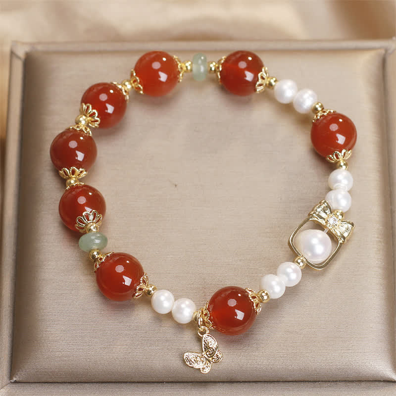 Buddha Stones Natural Red Agate Pearl Butterfly Self-acceptance Bracelet