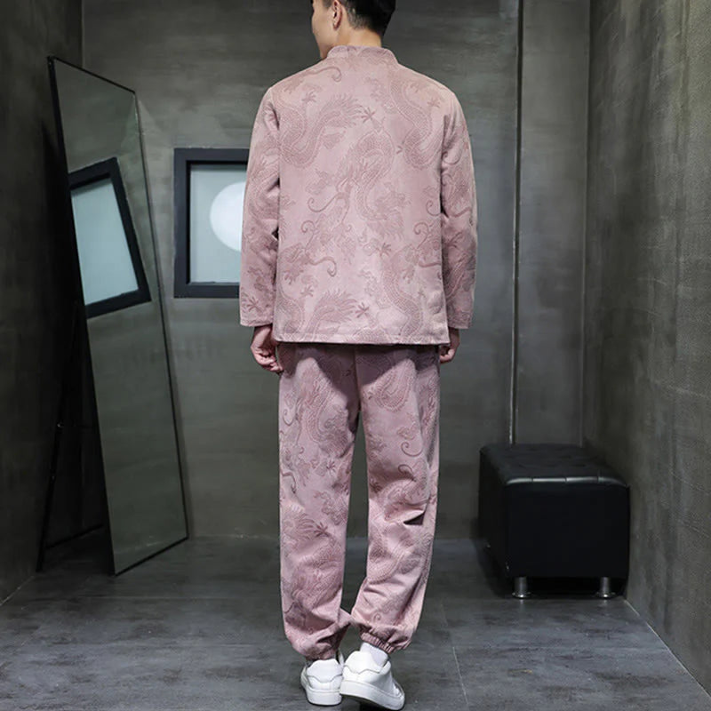 Buddha Stones 2Pcs Spring Dragon Bamboo Clouds Men's Tang Suit Frog-Button Cotton Long Sleeve Jacket Pants Set With Pockets
