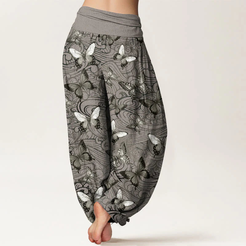 Buddha Stones Pure Cotton Gray Black Butterfly Striped Women's Elastic Waist Harem Pants