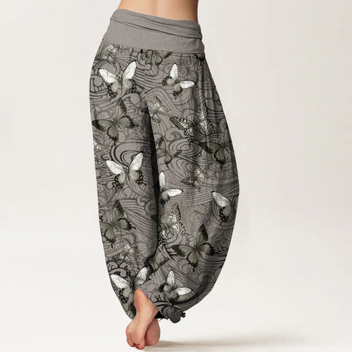 Buddha Stones Pure Cotton Gray Black Butterfly Striped Women's Elastic Waist Harem Pants