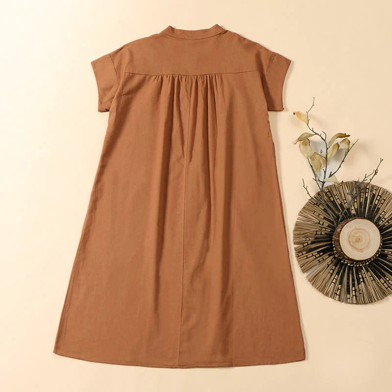 Buddha Stones Summer Solid Color Stand Collar A-line Design Short Sleeve Midi Dress