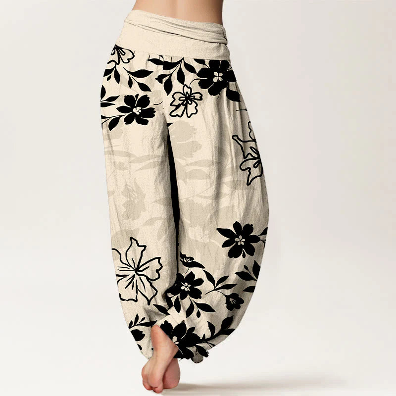 Buddha Stones Cotton Retro Simple Flowers Leaves Pattern Women's Elastic Waist Harem Pants
