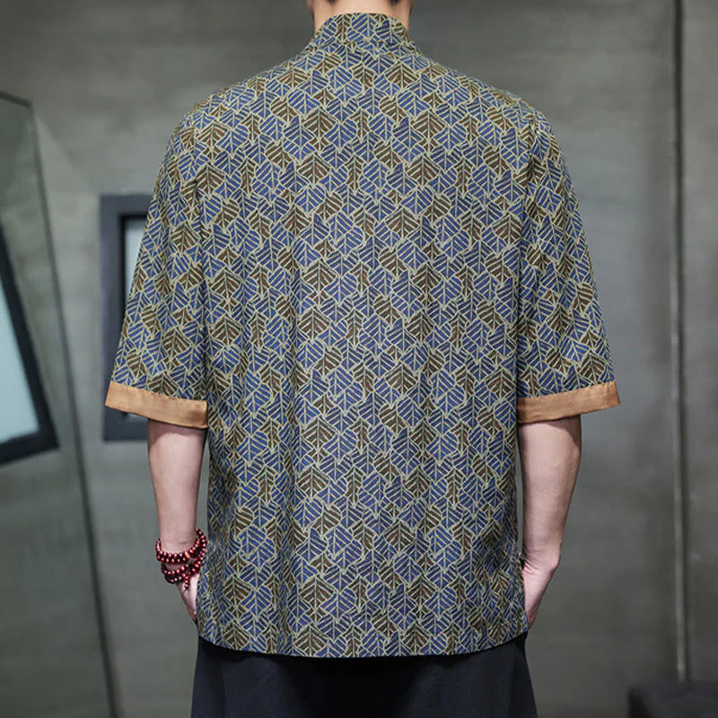 Buddha Stones Summer Colorful Floral Leaves Pattern Short Sleeve Frog-button Design Men's Cotton Shirt