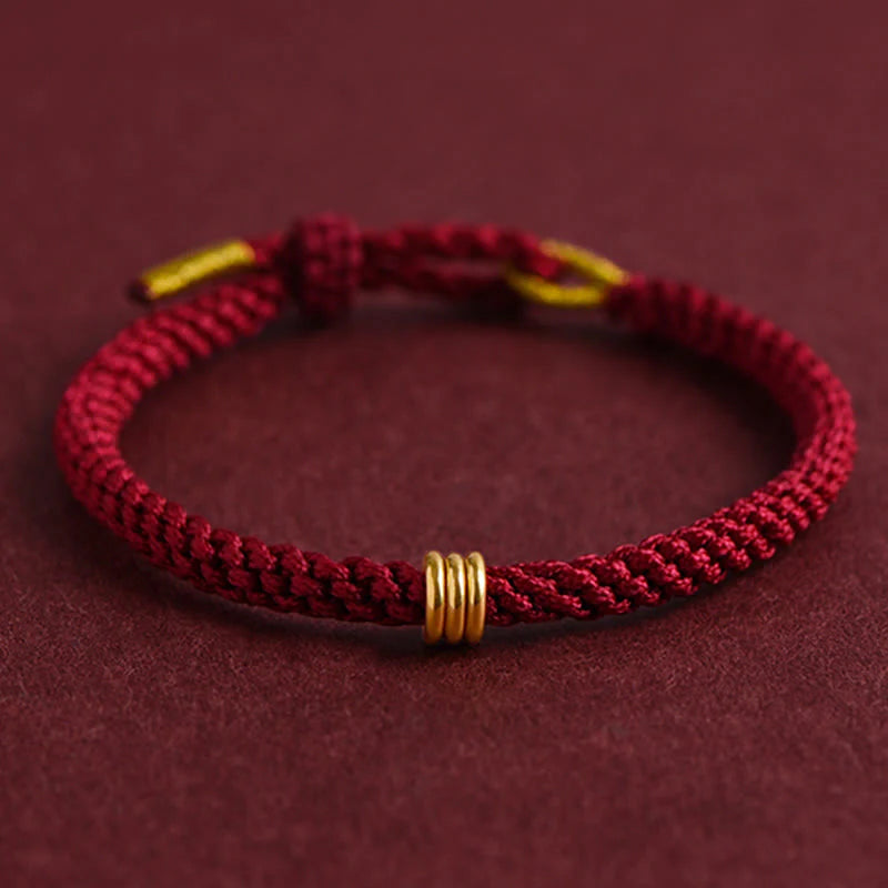 Buddha Stones 999 Gold Triple Ring Design Handmade Connection Braided Rope Bracelet