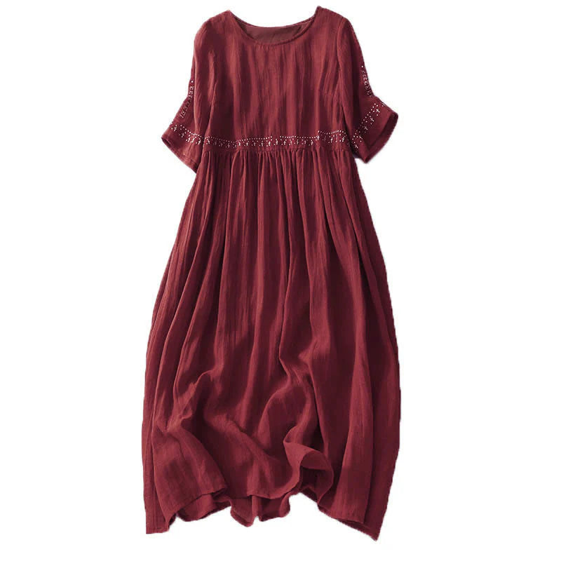 Buddha Stones Solid Color Embroidery Short Sleeve Cotton Midi Dress
