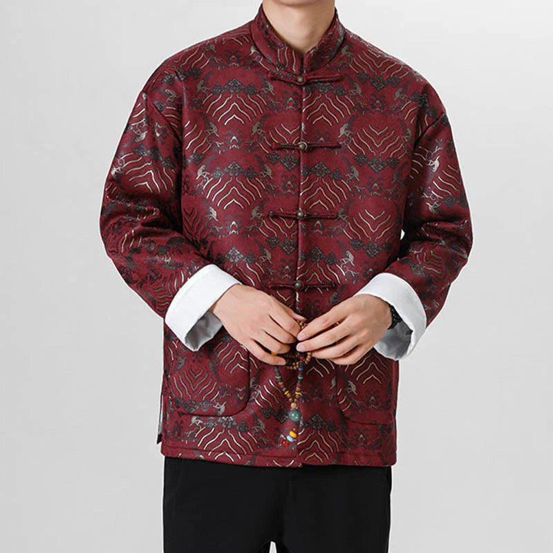 Buddha Stones Frog-Button Chinese Tang Suit Wave Shape Long Shirt Men Jacket Clothing (Extra 30% Off | USE CODE: FS30)