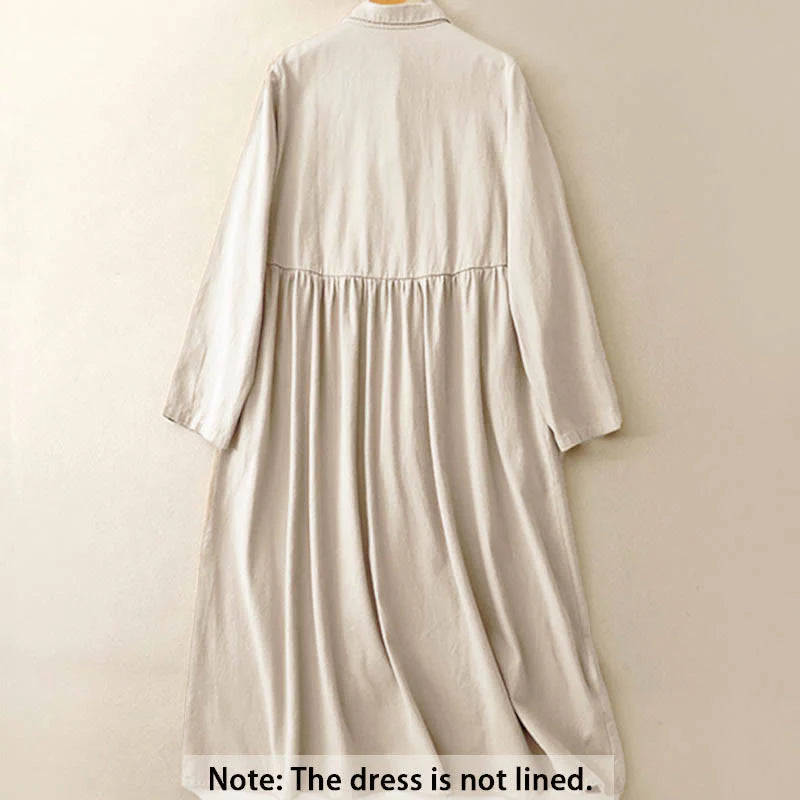 Buddha Stones Commute Long Sleeve Pure Color Button Design Lapel Cotton Midi Dress