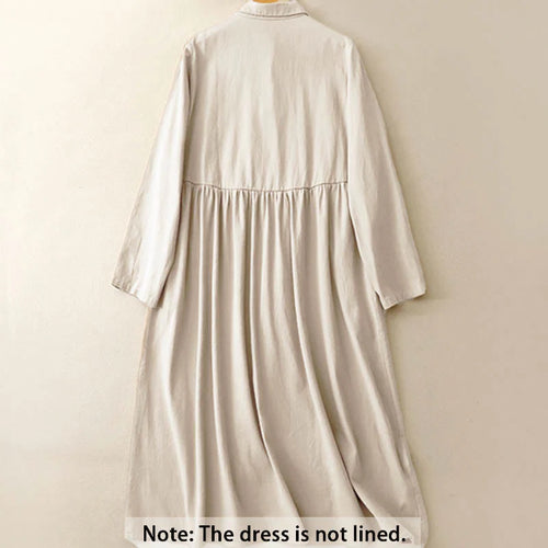 Buddha Stones Commute Long Sleeve Pure Color Button Design Lapel Cotton Midi Dress