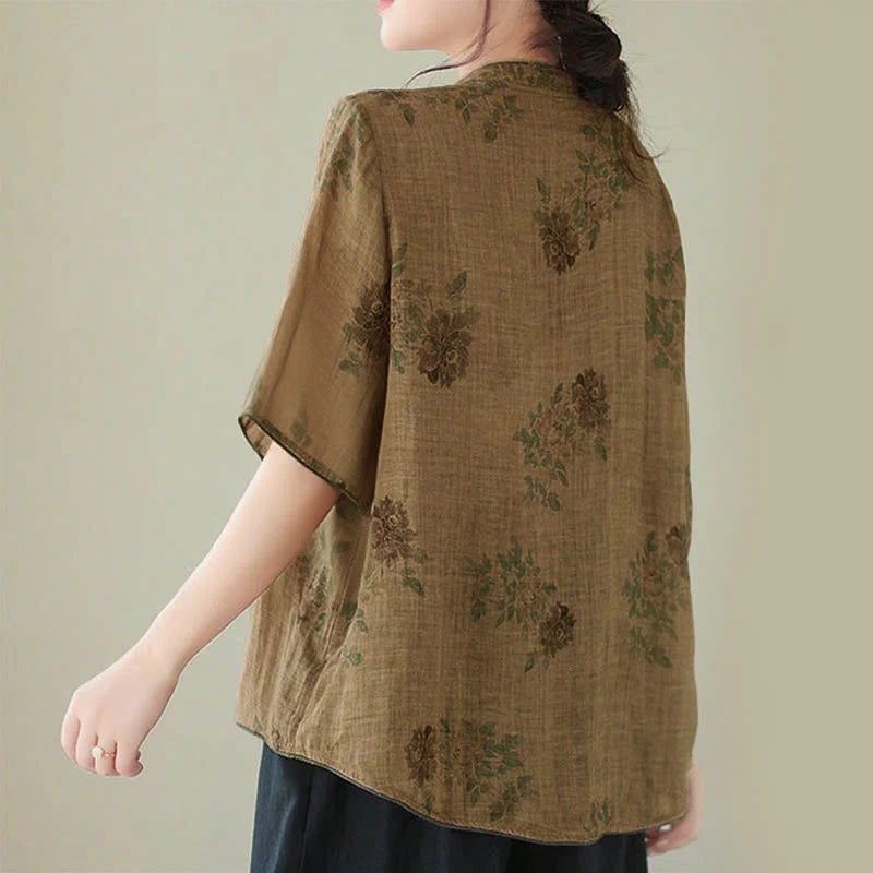 Buddha Stones Purple Flower Print Frog-Button Design Shirt