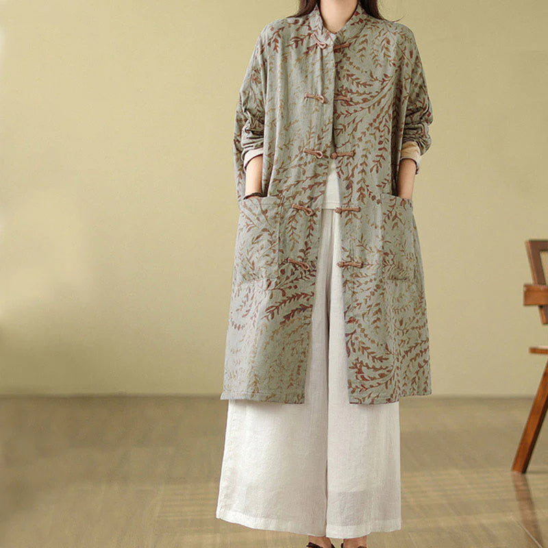 Buddha Stones Frog-button Vine Leaves Women's Coat With Pockets