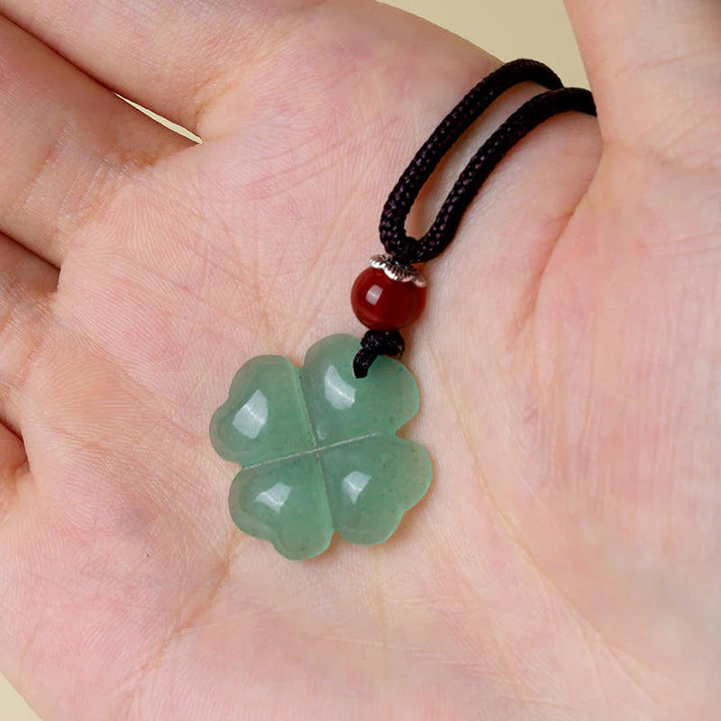 Buddha Stones 925 Sterling Silver Green Aventurine Four Leaf Clover Luck Leather Rope Necklace Pendant