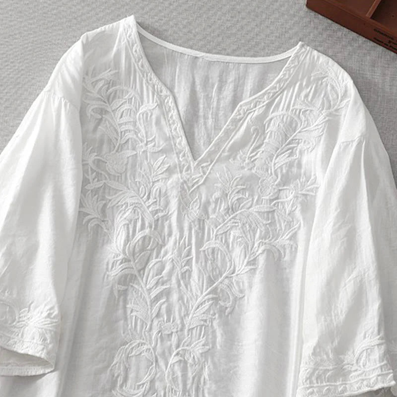 Buddha Stones Summer White Pure Color Embroidery Leaf Flower V-Neck Short Sleeve Midi Dress With Pockets