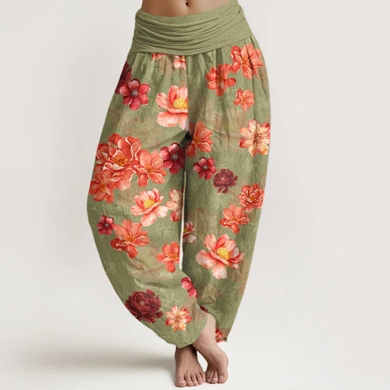 Buddha Stones Cotton Intensely Colored Flower Pattern Women's Elastic Waist Harem Pants