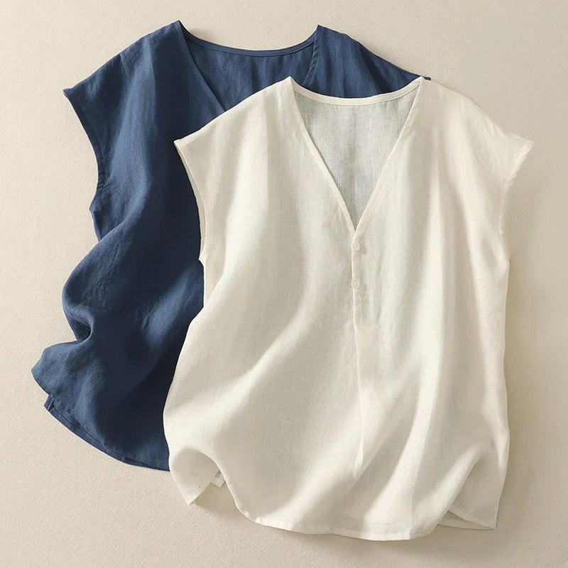 Buddha Stones Retro V-Neck Button Design Women's Cotton Sleeveless Vest