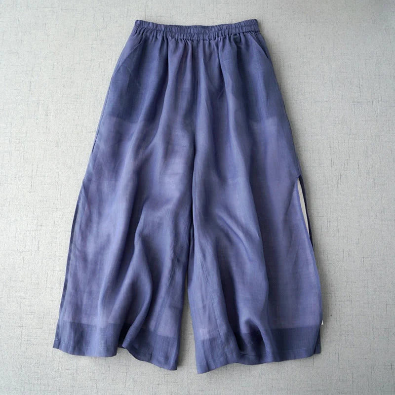 Buddha Stones Casual Plain Ramie Slit 7-8 Length Women's Wide Leg Pants With Pockets