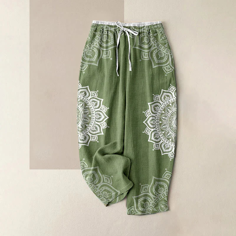 Buddha Stones Pure Cotton Mandala Pattern Women's Elastic Waist Pants With Pockets