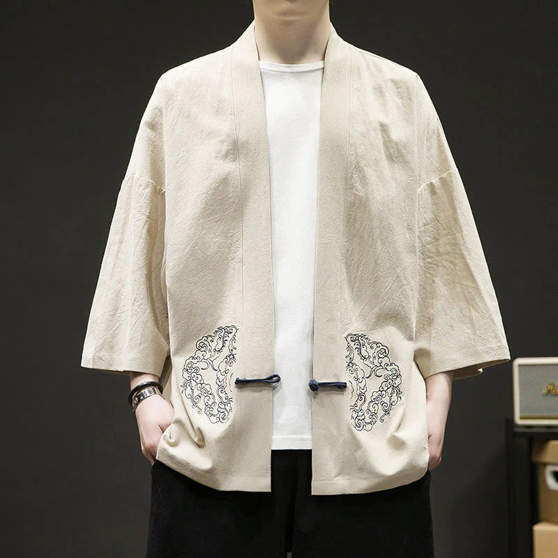 Buddha Stones Solid Auspicious Clouds Open Front Long Sleeve Jacket Men's Cotton Kimono